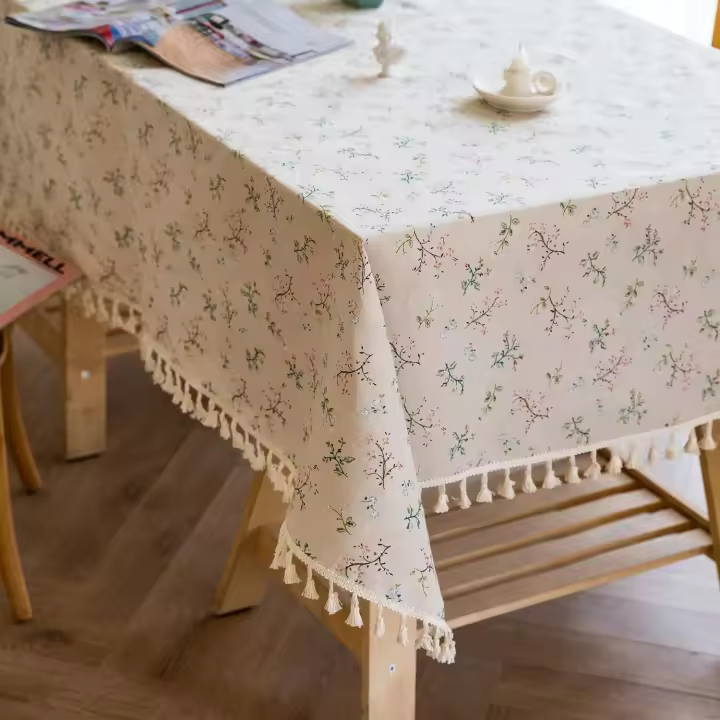 Mantel de lino y poliéster con borde ENCE con borlas rectangulares, mesa de piscina, utilizado para decoración del hogar, cocina - 1