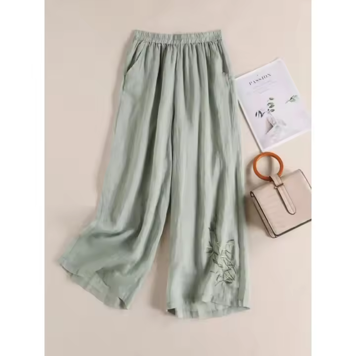 Pantalones holgados de pierna ancha bordados de lino y algodón para mujer, pantalones étnicos informales de nuevo estilo para primavera y verano, efecto adelgazante - 1