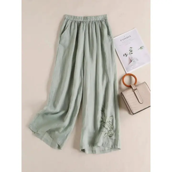 Pantalones holgados de pierna ancha bordados de lino y algodón para mujer, pantalones étnicos informales de nuevo estilo para primavera y verano, efecto adelgazante - 1