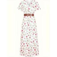 Vestido Maxi Floral Elegante con Cuello en V - Estilo Chic de Verano con Cinturón, Tela Tejida Durable y de Fácil Mantenimiento - details 6