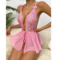 Traje sexy de encaje calado para mujer, traje suave y cómodo con lazo en V profundo, correa ajustable para el hombro, lencería de color sólido para mujer - details 2