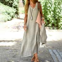 Vestido sin mangas de lino y algodón para mujer, prenda informal holgada con cuello en V, Color liso, para fiesta nocturna - details 12