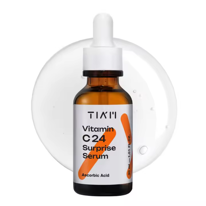 Suero sorpresa TIAM C24, 1.01 fl oz, potenciador del brillo y antienvejecimiento con ácido ferúlico de vitamina E para líneas opacas y finas, piel coreana - 1
