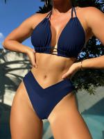 Bikini Sexy de color puro, traje de baño de 2 piezas con lazo en el cuello, en forma de V, novedad de 2024 - details 26