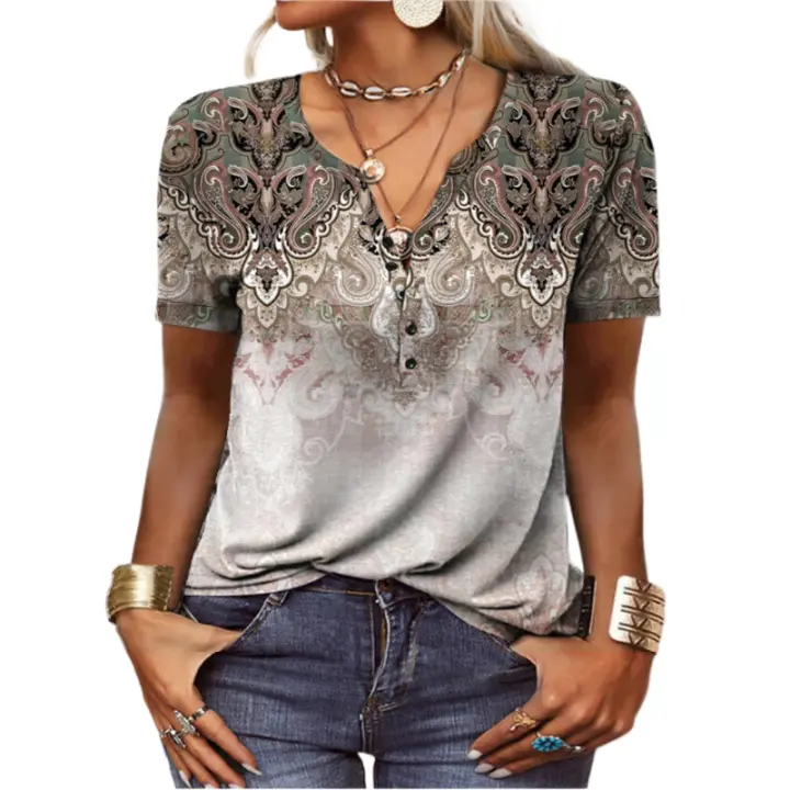 Camiseta de manga corta para mujer, camiseta estampada de manga corta para mujer, moda nacional para mujer - 1