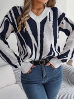 Jersey con cuello en V para mujer, suéter de manga larga con patrón geométrico de contraste, hilo de rosca, Tops informales de punto, otoño e invierno, 2023 - details 5