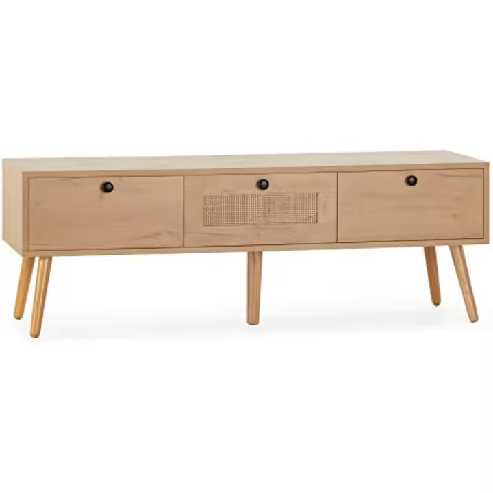 Mueble TV 3 Puertas Color Roble con Ratán Natural, 120 cm (Ancho) 39 cm (Profundidad) 41 cm (Altura) - 1