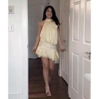 BUNO-Minivestido elegante de gasa con volantes lisos para mujer, minivestido Halter a la moda sin mangas y espalda descubierta, vestidos ajustados de cintura alta, batas de playa para mujer - details 10