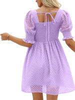 Vestido de verano de las mujeres 2023 Casual Flowy Beach Cuello cuadrado Linterna Manga corta Plisado Una línea Vestido Tie Mini vestido - details 18