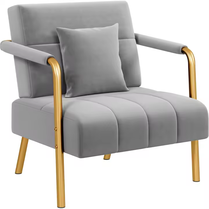 Sofá Sillón Tapizado con Reposabrazos y Patas de Metal, Sofá Individual Moderno con 1 Cojines Lumbares para Salón, Oficina en Casa, Color Gris Claro - 1