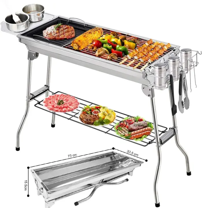 Parrilla de Carbón de Acero Inoxidable Portátil Herramienta de Barbacoa para Exteriores con Mango Plegable y Instalación Libre - 1