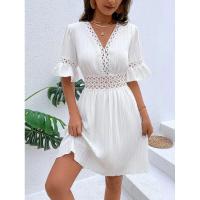Vestido de verano para mujer, nuevo estilo, con costuras, escote en V y cintura de color liso. - details 18