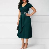 BUNO-Vestido de fiesta de cóctel para mujer, vestido informal con cuello en V, manga corta, cintura con cordones, asimétrico, dobladillo ancho, vestido de fiesta de noche - details 9