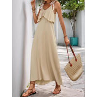 Vestido de color sólido nuevo 2025 con tirantes decorativos y borde largo con volantes para vacaciones de ocio transfronterizas europeas y americanas - details 5