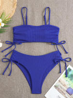 Bikini negro liso para mujer, traje de baño de dos piezas con Tanga de cintura alta y ribetes, 2024 - details 14