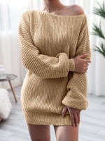 Vestido de suéter suelto de manga larga con cuello oblicuo para mujer, Mini Vestidos de punto casuales, Color sólido, Otoño e Invierno - details 13