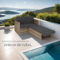 Sofá de Ratán con Taburete Reposapiés, Conjunto Jardín Sillón 2 Plazas, Mueble Jardín Exterior con Cojines Gruesos, Conjunto Terraza Resistente a la Intemperie y Estructura en Acero - Gris - details 23