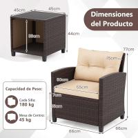 Conjunto de jardín exterior de ratán de 3 piezas, 1 mesa auxiliar de vidrio templado y 2 sillas con cojines, muebles de jardín terraza balcón exterior (negro) - details 31