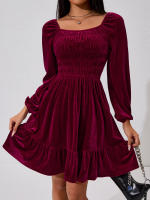 Vestido de estilo simple y elegante para mujeres cintura alta, adelgazamiento, falda roja de vino - details 6
