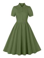 2025 nuevo Retro Turn Down Collar abotonada plisado sólido vestido de camisa de algodón de manga corta mujeres lisos Vintage vestidos hasta la rodilla - details 21
