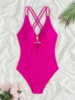 Bañador de una pieza para mujer, traje de baño ahuecado liso, Sexy, Monokini con Espalda descubierta, ropa de playa de verano - details 1
