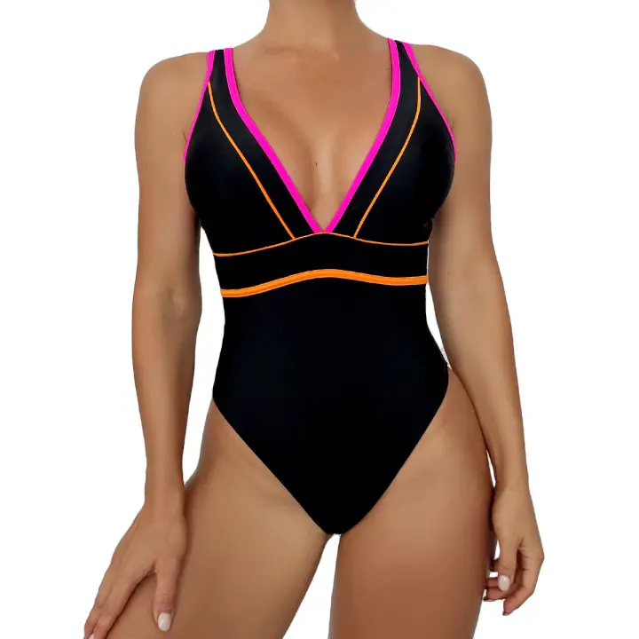 Bañador de una pieza para mujer, traje de baño sexy con cuello en V - 1