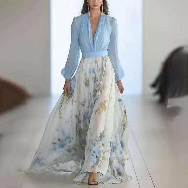Vestido Largo Floral Escote en V Profundo con Manga Larga Perfecto para Bodas en la Playa, Moda Primavera-Verano 2025 - 1