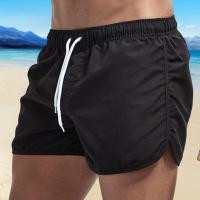 Pantalones cortos de surf de playa para hombre, cintura elástica de tiro bajo, cordón, ribete lateral irregular transpirable, traje de baño, verano - details 7