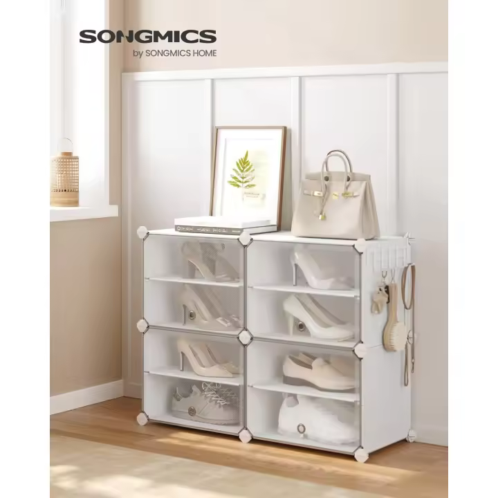 Zapatero, Estantería Modular de Plástico de 10 Compartimentos, Entrada Recibidor con Paneles Separadores Ajustables, 30 x 40 x 30 cm, Blanco - 1
