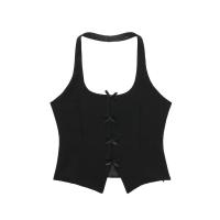 BUNO-Top con cuello Halter para mujer, camisetas sin mangas con espalda descubierta, camisetas sin mangas de satén Y2k con lazo, Top corto de playa para verano, moda informal en negro y blanco - details 2