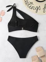Bikini de un hombro para mujer, traje de baño negro liso, conjunto de dos piezas, ropa de playa, 2024 - details 4