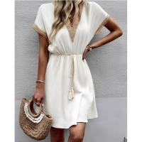 DamasVVestido midi de manga larga con ribete de encaje y cinturón de flecos - details 2