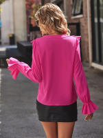 Camisa elegante de oficina para mujer, Top de manga larga con cuello en V y un solo pecho, color rojo y rosa, 2024 - details 5
