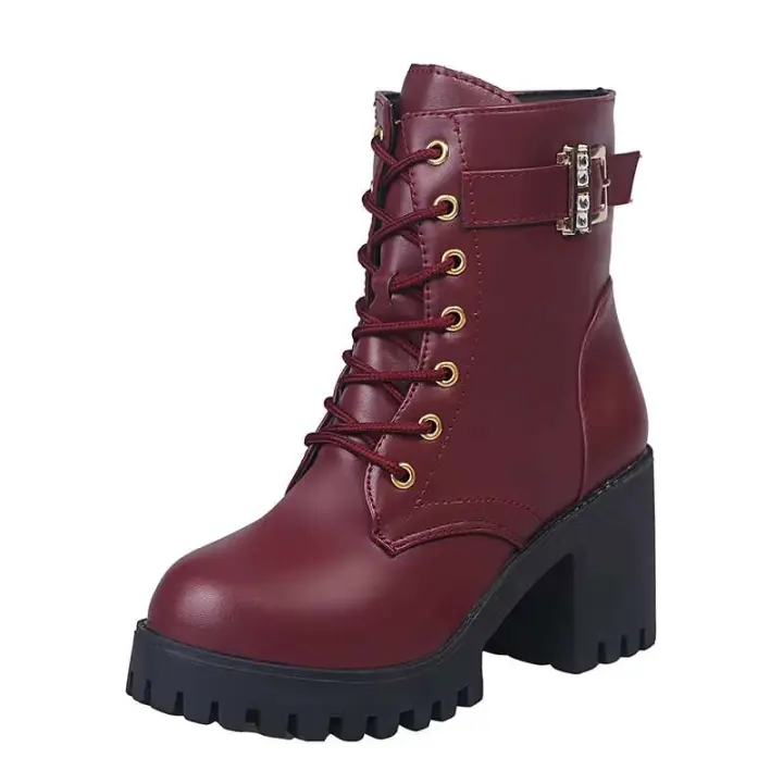 Botas de mujer con punta redonda, suela gruesa, plataforma impermeable, tacones altos, con cordones, entresuela de felpa, botas Martin - 1