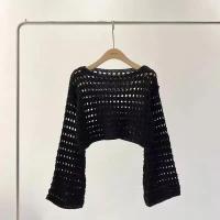 Camiseta Vintage ahuecada, suéter de punto informal, camiseta holgada Y2K, suéter fino con cuello redondo, jerséis de otoño, ropa de calle de moda - details 4