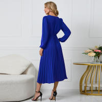 Vestidos largos informales para mujer, cuello en V, manga larga, cintura alta, Maxi, diario, Azul S - details 6