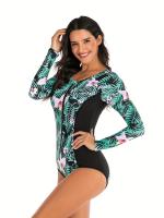 Traje de baño de una pieza con estampado de hojas florales, manga larga, cierre de cremallera en el cuello redondo, traje de baño - details 3
