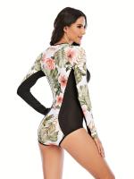 Traje de baño de una pieza con estampado floral de manga larga, traje de buceo y surf de corte alto con cremallera y estampado - details 8