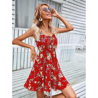 Vestido corto de verano nuevo elegante sin mangas con estampado y correa elástica en la cintura para mujer. - details 12