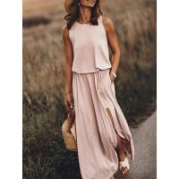 2025 verano nueva ropa de mujer europea y americana vestido sin mangas con cuello redondo vestido largo de color sólido multicolor con puntas divididas. - details 3