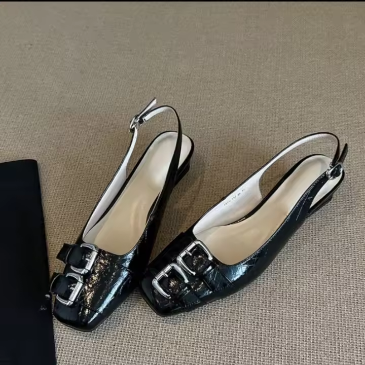 Sandalias de Cabeza de Bolso de Plata Francesa Tacón Grueso de Moda de Verano - 1