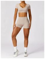Conjunto de mallas de yoga, top, conjunto deportivo Fiess de manga corta, material de nailon para mujer, patrón sólido adaptable para primavera/verano - details 13