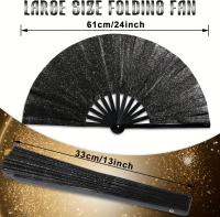 1 abanico de mano plegable negro brillante, tamaño grande, costillas de bambú portátiles, tela duradera, para EDM, danza, playa, decoración del hogar, fiesta, cumpleaños, accesorio de moda para mujer - details 1