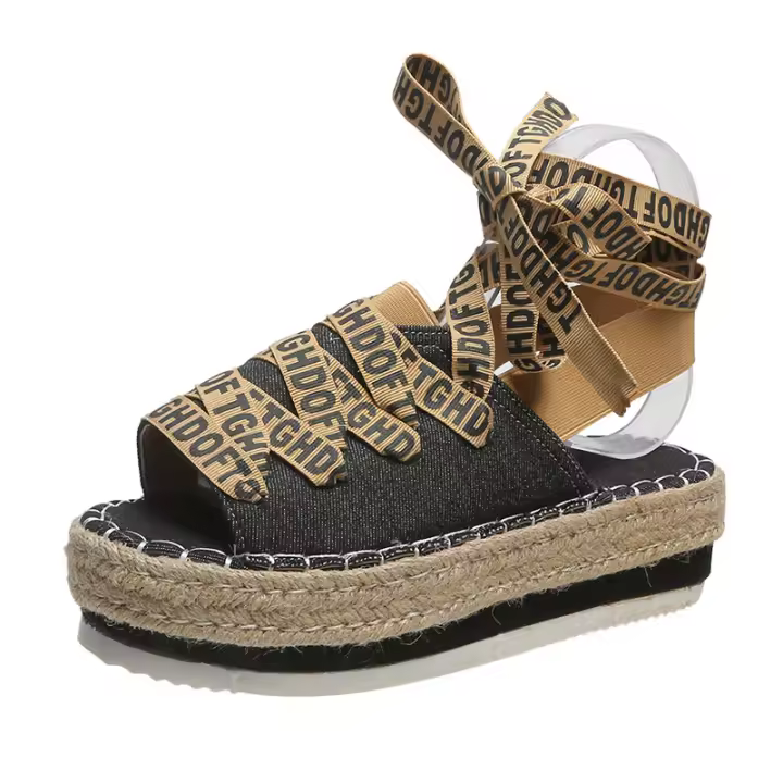 2025 ¡Novedades transfronterizas! Sandalias de plataforma de talla grande para mujer, correa de tobillo, cuerda de cáñamo, plataforma de Punta abierta, zapatos de mujer romanos Casuales - 1