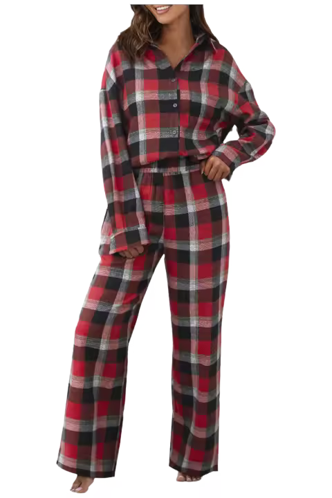 Elrachen Conjunto de camisa y pantalones sueltos con estampado de cuadros navideños rojos para mujer, rojo, tallas S-XL - 1
