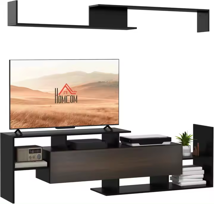 Muebles de Salón Conjunto Muebles de TV para Televisiones de Pared hasta 65" o de Pie hasta 40" con Mesa para Televisor 153,6x25x42 cm y Estante de Pared 150x14,5x16,3 cm Negro y Marrón - 1