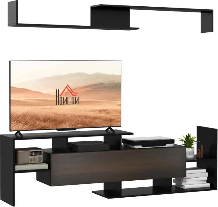 Muebles de Salón Conjunto Muebles de TV para Televisiones de Pared hasta 65" o de Pie hasta 40" con Mesa para Televisor 153,6x25x42 cm y Estante de Pared 150x14,5x16,3 cm Negro y Marrón - 1