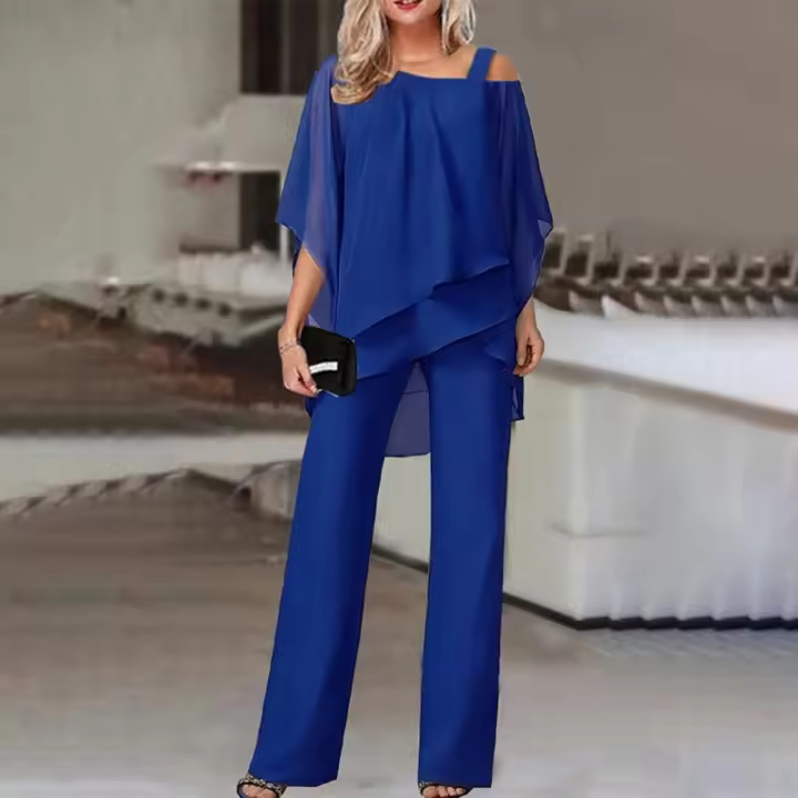 443 nueva moda Color sólido suelto Casual hombro Diagonal manga murciélago pantalones irregulares conjunto de dos piezas - 1