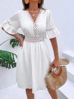 Vestido Blanco Puro de Verano Cintura de Encaje con Parche de Moda Cuello en V Manga Corta - details 17