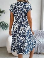 Msfilia Vestido de verano con cuello en V y cinturón plisado con estampado de moda para mujer - details 13